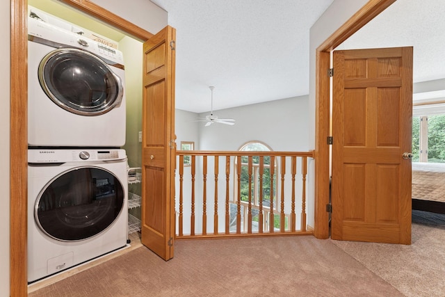 5401 River Oak Dr, Savage, MN 55378 - laundry room with stacked washer and clothes dryer, carpet, and a ceiling fan