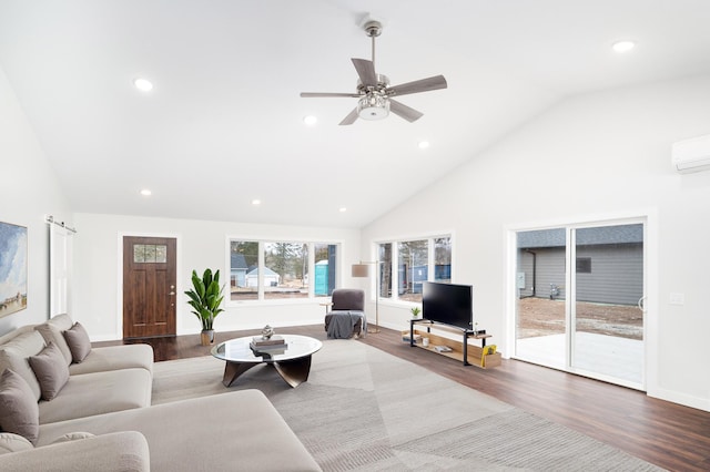 3829 Stebner Rd, Hermantown, MN 55811 - living area featuring dark wood-type flooring, recessed lighting, high vaulted ceiling, a ceiling fan, and a wall mounted AC