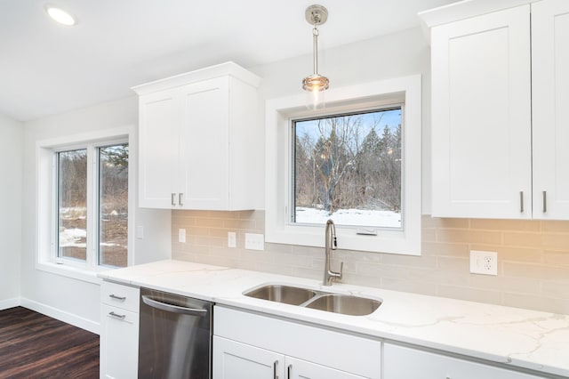 3829 Stebner Rd, Hermantown, MN 55811 - kitchen with dishwasher, dark wood finished floors, white cabinets, and recessed lighting