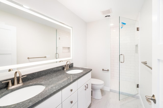 3829 Stebner Rd, Hermantown, MN 55811 - full bath featuring marble finish floors, a stall shower, and double vanity