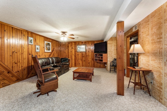 655 48th Ave, Goodview, MN 55987 - living area featuring carpet, a ceiling fan, wood walls, and a textured ceiling