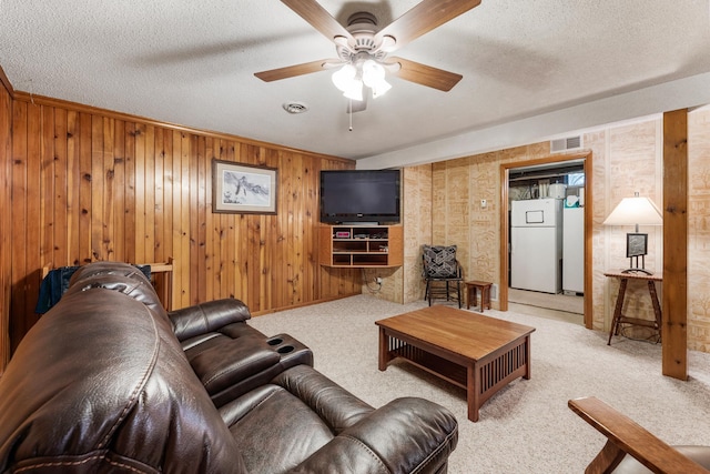 655 48th Ave, Goodview, MN 55987 - living room with ceiling fan, light carpet, a textured ceiling, and wood walls