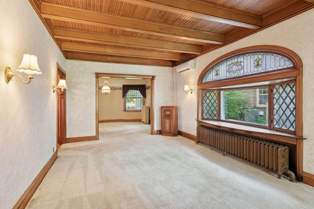 1323 Keston St, Saint Paul, MN 55108 - unfurnished room featuring radiator, light carpet, a wood ceiling with exposed beams, and an AC wall unit