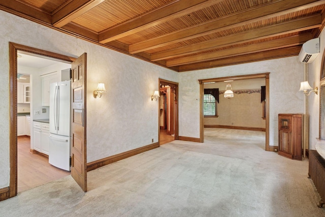 1323 Keston St, Saint Paul, MN 55108 - spare room featuring light carpet, a wooden ceiling with exposed beams, and a wall mounted AC