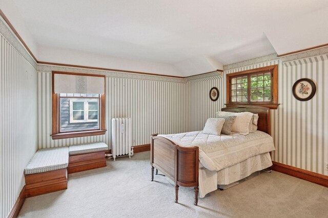 1323 Keston St, Saint Paul, MN 55108 - bedroom featuring wallpapered walls, radiator heating unit, and carpet flooring