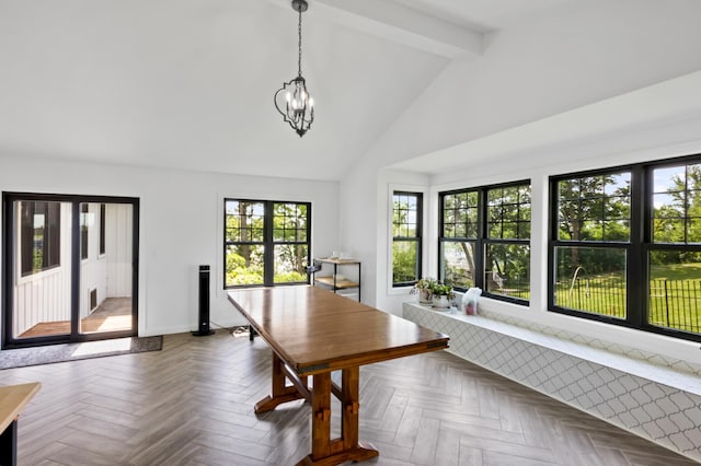 4255 County Road 11 NE, Alexandria, MN 56308 - dining area featuring beamed ceiling, a chandelier, and high vaulted ceiling