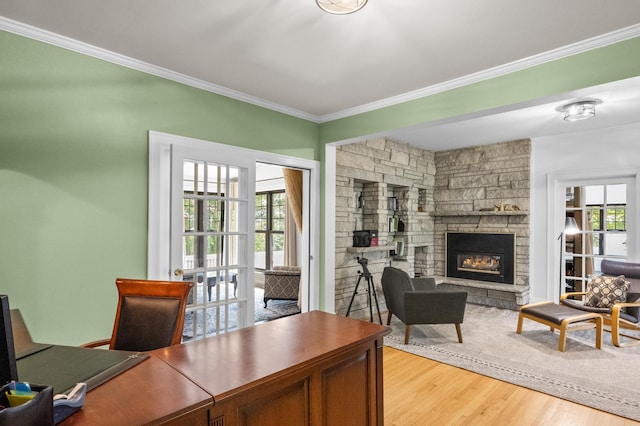4255 County Road 11 NE, Alexandria, MN 56308 - office space with light wood finished floors, ornamental molding, and a fireplace