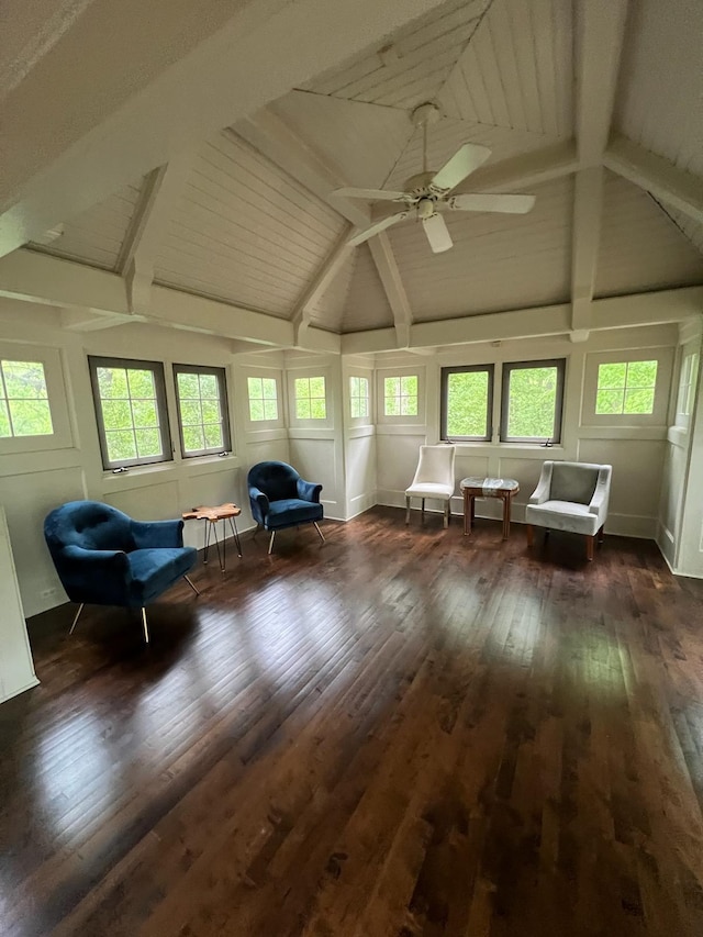 2700 Olde Wood Ct, Minnetonka, MN 55391 - living area featuring wood-type flooring, high vaulted ceiling, a ceiling fan, healthy amount of natural light, and a wooden ceiling with exposed beams