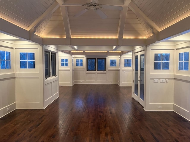 2700 Olde Wood Ct, Minnetonka, MN 55391 - empty room with wood ceiling, dark wood finished floors, a decorative wall, and ceiling fan