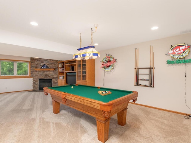 1632 Seashell Ln, Waconia, MN 55387 - rec room featuring carpet, a stone fireplace, billiards, and recessed lighting