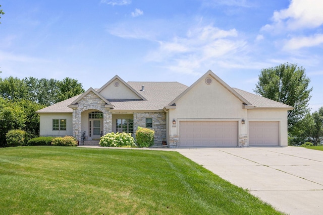 1215 Shore Dr SW, Hutchinson, MN 55350 - french country inspired facade with stone siding, stucco siding, concrete driveway, a garage, and a front lawn