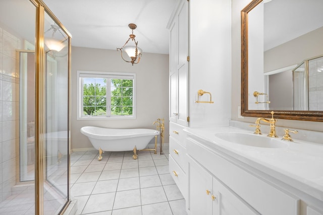 1215 Shore Dr SW, Hutchinson, MN 55350 - full bath with vanity, a freestanding tub, a stall shower, and tile patterned flooring