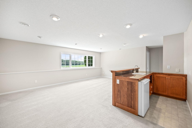 1215 Shore Dr SW, Hutchinson, MN 55350 - kitchen with open floor plan, brown cabinetry, light carpet, and a textured ceiling