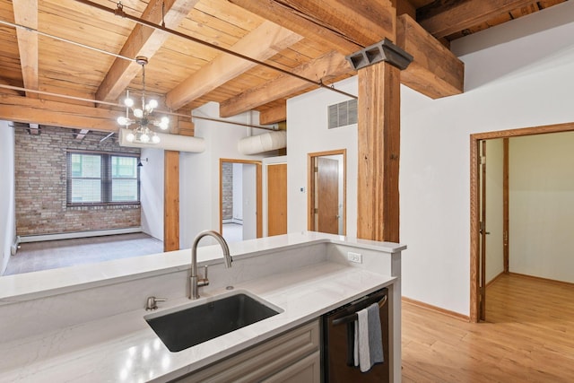 400 1st St Unit 502, Minneapolis, MN 55401 - kitchen with a wooden ceiling with exposed beams, dishwasher, light wood-type flooring, a chandelier, and decorative light fixtures