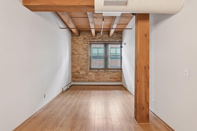 400 1st St Unit 502, Minneapolis, MN 55401 - unfurnished room featuring brick wall, hardwood / wood-style floors, a wooden ceiling with exposed beams, and baseboard heating