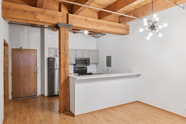 400 1st St Unit 502, Minneapolis, MN 55401 - kitchen featuring appliances with stainless steel finishes, light wood finished floors, gray cabinets, beamed ceiling, and decorative light fixtures