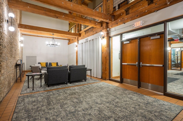400 1st St Unit 502, Minneapolis, MN 55401 - tiled living room featuring a chandelier and beam ceiling