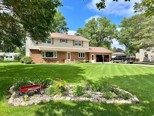 515 2nd St SW, New Richland, MN 56072 - back of house with an attached garage, a yard, driveway, and brick siding