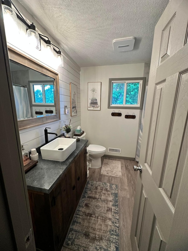 515 2nd St SW, New Richland, MN 56072 - full bath featuring vanity, wood finished floors, a textured ceiling, plenty of natural light, and wood walls