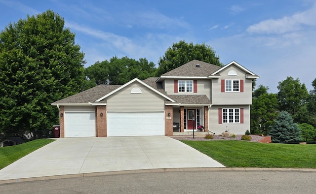 100 Barkley Cir W, Cannon Falls, MN 55009 - view of front of house featuring a garage, a front lawn, concrete driveway, a shingled roof, and brick siding