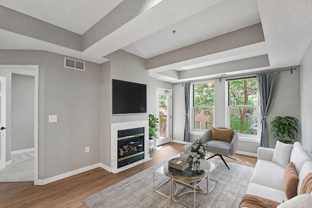 645 1st St Unit 305, Minneapolis, MN 55401 - living area with a tile fireplace, wood finished floors, and a tray ceiling