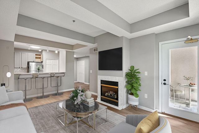 645 1st St Unit 305, Minneapolis, MN 55401 - living room with light wood-style floors and a fireplace