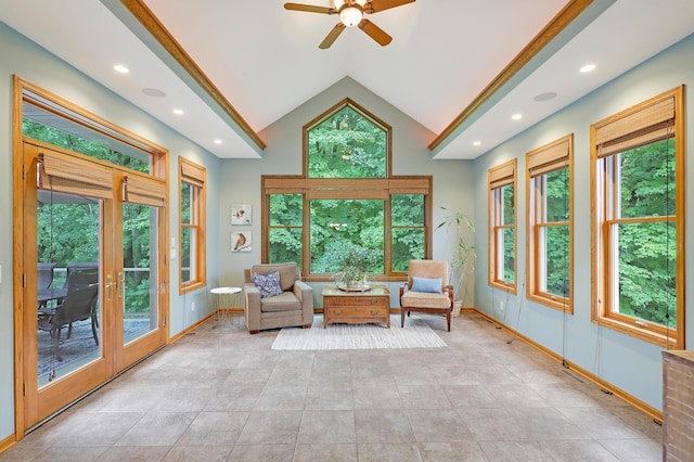 7569 Blackoaks Ln N, Maple Grove, MN 55311 - living area featuring vaulted ceiling, ceiling fan, and recessed lighting