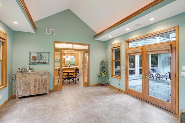 7569 Blackoaks Ln N, Maple Grove, MN 55311 - doorway with french doors, high vaulted ceiling, recessed lighting, light tile patterned flooring, and a chandelier