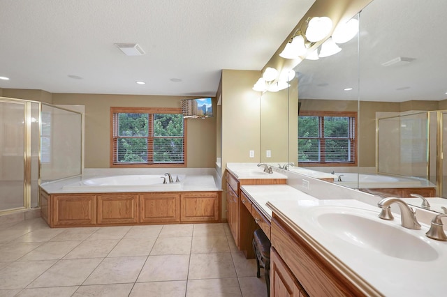 7569 Blackoaks Ln N, Maple Grove, MN 55311 - full bath featuring a bath, a stall shower, double vanity, tile patterned floors, and a textured ceiling