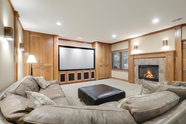 7569 Blackoaks Ln N, Maple Grove, MN 55311 - home theater with crown molding, a fireplace, carpet flooring, and recessed lighting
