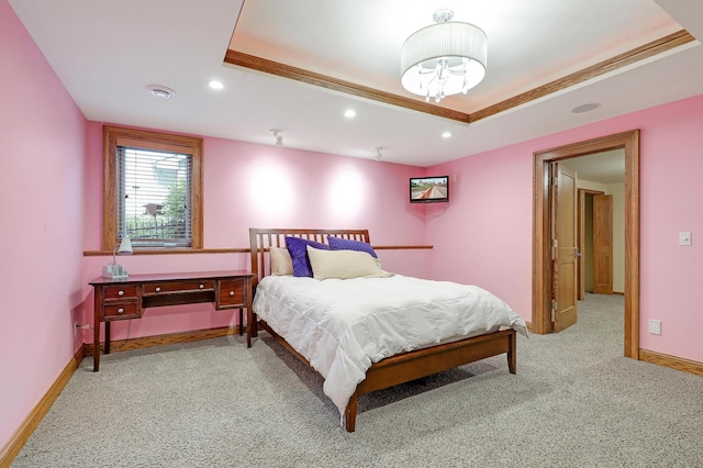 7569 Blackoaks Ln N, Maple Grove, MN 55311 - bedroom with a tray ceiling, light colored carpet, recessed lighting, a chandelier, and ornamental molding