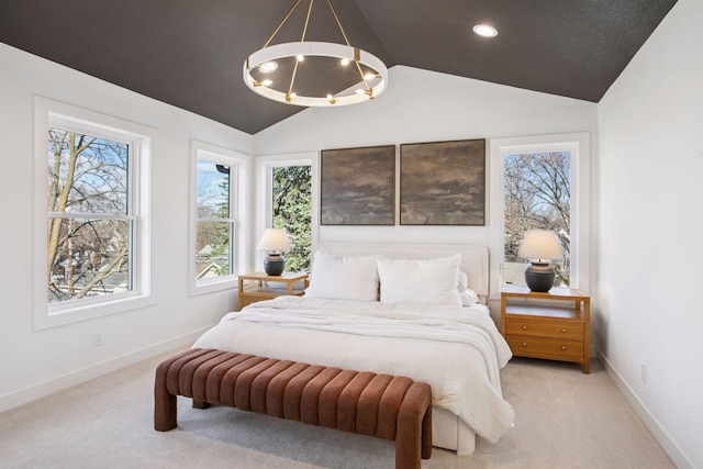 3520 27th Ave S, Minneapolis, MN 55406 - bedroom with a chandelier, lofted ceiling, light carpet, and recessed lighting