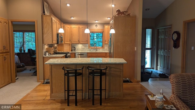 21021 Fresno St NW, Elk River, MN 55330 - kitchen featuring a kitchen island, stainless steel appliances, tasteful backsplash, a kitchen breakfast bar, and light wood-type flooring