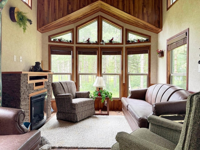 29156 State Highway 47, Aitkin, MN 56431 - living area featuring a fireplace, a high ceiling, and a textured wall