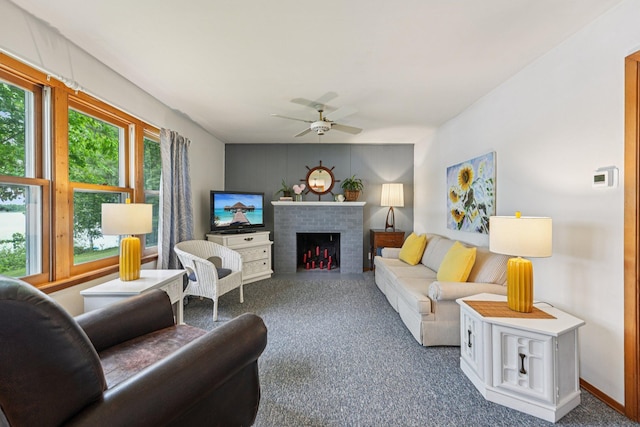 1671 Little Butternut Lake Ln, Luck, WI 54853 - carpeted living area featuring ceiling fan and a brick fireplace