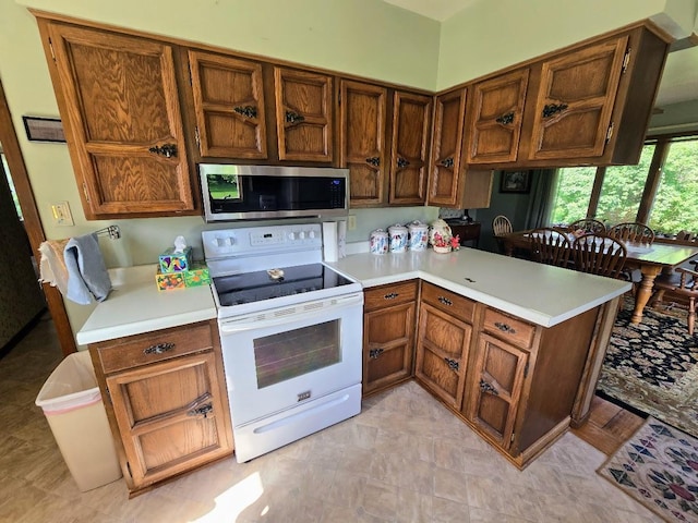 2047 60th Ave, Altona Twp, MN 56164 - kitchen featuring white electric range oven, stainless steel microwave, light countertops, and a peninsula