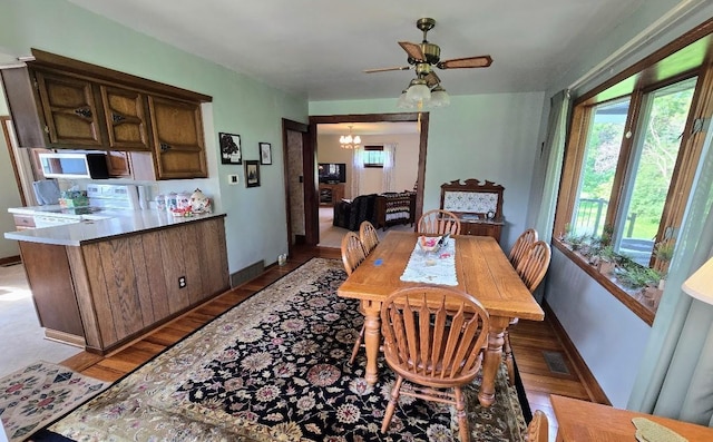 2047 60th Ave, Altona Twp, MN 56164 - dining space featuring a chandelier, light wood finished floors, and ceiling fan