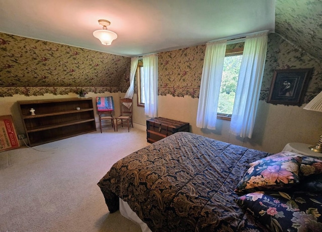 2047 60th Ave, Altona Twp, MN 56164 - bedroom with wallpapered walls, multiple windows, lofted ceiling, and carpet flooring