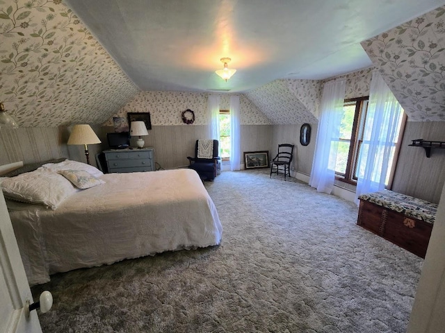 2047 60th Ave, Altona Twp, MN 56164 - bedroom featuring wallpapered walls, carpet flooring, and vaulted ceiling