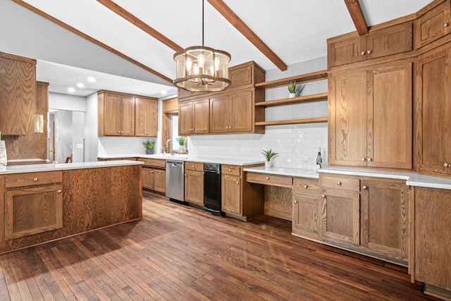 6230 Elm Ridge Cir, Corcoran, MN 55340 - kitchen with dishwasher, open shelves, decorative backsplash, dark wood-style floors, and recessed lighting
