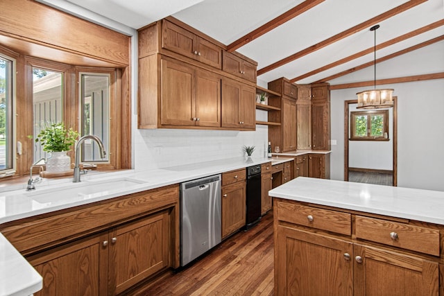 6230 Elm Ridge Cir, Corcoran, MN 55340 - kitchen with stainless steel dishwasher, open shelves, brown cabinetry, and dark wood-style flooring
