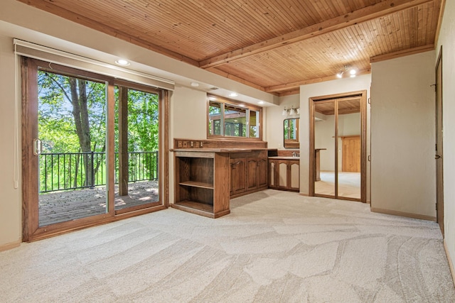 6230 Elm Ridge Cir, Corcoran, MN 55340 - unfurnished living room with light colored carpet and a wooden ceiling with exposed beams