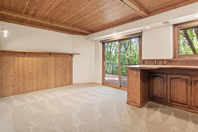 6230 Elm Ridge Cir, Corcoran, MN 55340 - indoor dry bar featuring light colored carpet and a wood ceiling with exposed beams