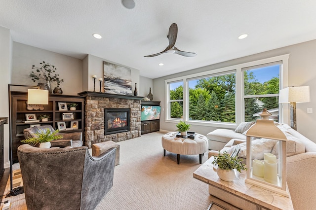 641 Callahan Pl, Mendota Heights, MN 55118 - living area with a fireplace, ceiling fan, carpet floors, and recessed lighting