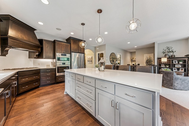 641 Callahan Pl, Mendota Heights, MN 55118 - kitchen with appliances with stainless steel finishes, open floor plan, dark wood-type flooring, light countertops, and recessed lighting
