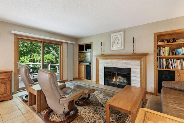 1890 Partridge Cir, Chanhassen, MN 55331 - living room with light tile patterned flooring, a textured ceiling, and a tile fireplace