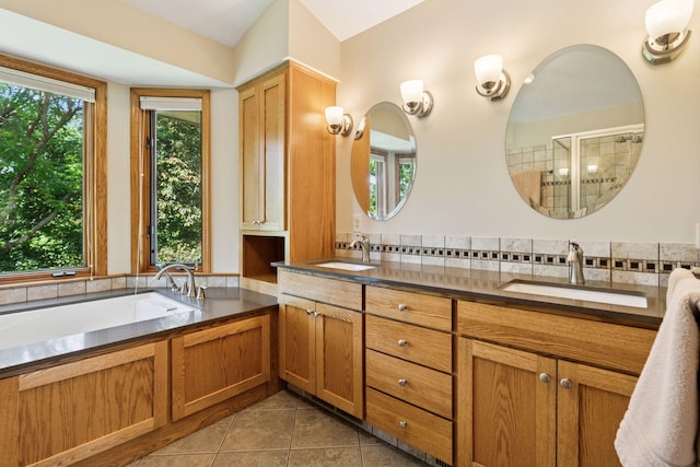 1890 Partridge Cir, Chanhassen, MN 55331 - full bathroom with double vanity, a garden tub, tile patterned flooring, and a shower with shower door