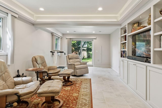 1890 Partridge Cir, Chanhassen, MN 55331 - living room featuring recessed lighting, light stone finish flooring, and built in shelves