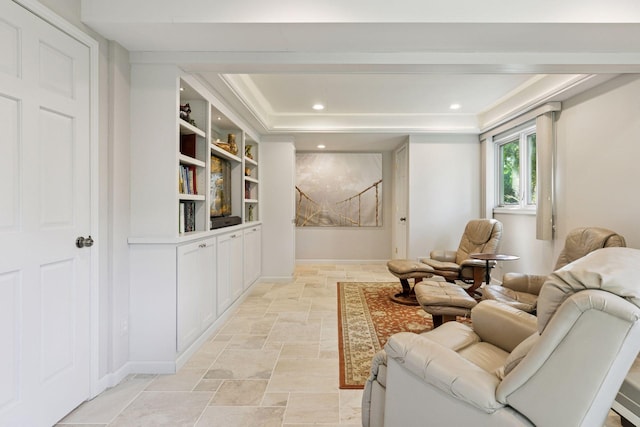 1890 Partridge Cir, Chanhassen, MN 55331 - living area featuring stone tile flooring, recessed lighting, and a raised ceiling
