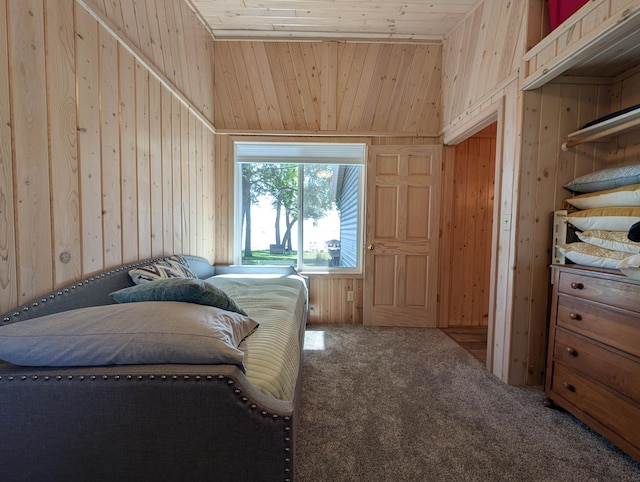 38382 Eldorado Beach Rd, Amor Twp, MN 56515 - bedroom featuring carpet flooring, wood walls, wood ceiling, and vaulted ceiling